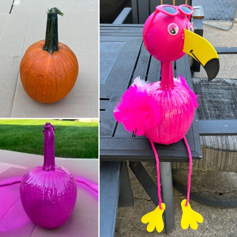 Flamingo Trunk Or Treat Ideas, Flamingo Pumpkin Decorating, Flamingo Pumpkin, Spirit Weeks, Flamingo Halloween, Painted Flamingo, Pink Spray Paint, Character Pumpkins, Yellow Crafts