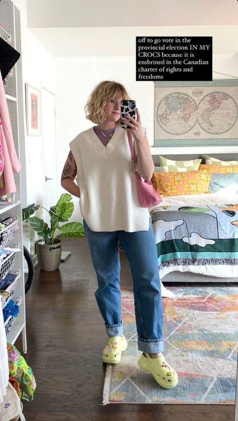 Crocs Style Plus Size Anthropologie Style, Sweater Vest Spring Outfit, Teacher Outfits Gen Z, Teacher Outfits Funky, Chessy Aesthetic Outfits, Artsy Outfits For Women, Aimee Gibbs Outfits, Queer Teacher Outfits, Mid Size Mom Outfits