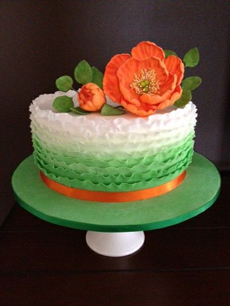 Green ombre orange floral Green Birthday Cakes, Poppy Cake, One Layer Cakes, Pretty Wedding Cakes, Green Cake, Ombre Cake, Ruffle Cake, Tv Streaming, Orange Cake