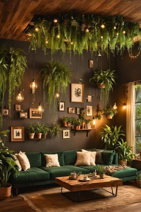 Inside Plant Wall Ideas, Green Boho Living Room Decor, Moody And Bright Interior Design, Zen Apartment Living Room, Dark Green Ceiling Living Room, Nature Office Ideas, Emerald Green Apartment Aesthetic, Botanical Old World Aesthetic, Speakeasy Room Ideas Bohemian