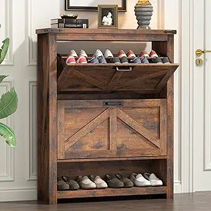 Loomie Farmhouse Shoe Cabinet, Freestanding Tipping Bucket Shoe Rack Organizer with 2 Flip Drawers & Door, Entryway Narrow Shoe Storage with Storage Cubby,Modern Slim Hidden Shoe Cabinet,Vintage Brown Slim Shoe Rack, Shoe Storage Door, Slim Shoe Cabinet, Shoe Cabinet Entryway, Narrow Shoe Rack, Storage Cubby, Shoe Rack Entryway, Rustic Entryway, Entryway Shoe Storage