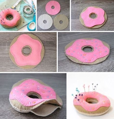 Donut pincushion Felt Projects Adults, Felt Donut, Felt Pincushions, Felt Food Diy, Felt Food Patterns, Pin Cushions Patterns, Felt Play Food, Felt Crafts Diy, Felt Food