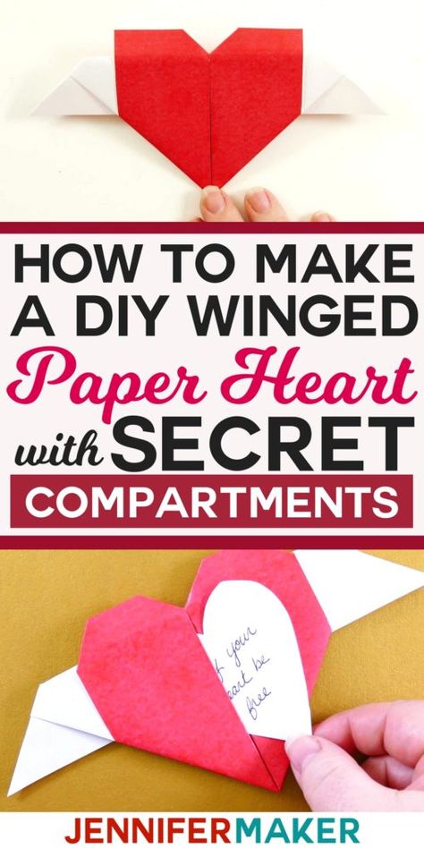 DIY Paper Heart with Secret Message #origami #papercraft #valentinesday Diy Paper Hearts, Valentines Origami, Origami Heart With Wings, Handmade Cards Diy, Diy Wings, Paper Wings, Diy Valentines Decorations, Trendy Diy, Origami Heart