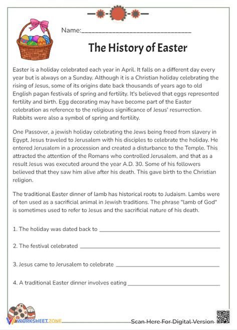 Easter Reading Comprehension Worksheets, Easter Reading Comprehension, English Reading Skills, Easter History, Easter Worksheets, History Worksheets, Short Stories For Kids, Comprehension Worksheets, Reading Words