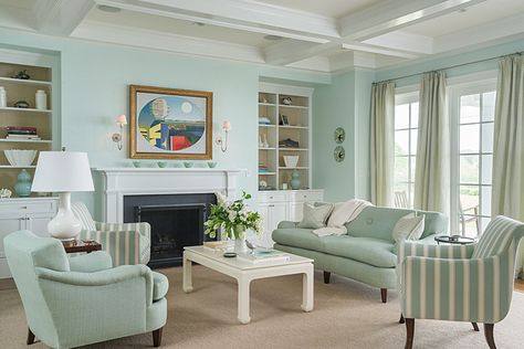 traditional interior in mint color Salons Cottage, Coastal Cottage Living Room, Painted Brick Fireplace, Coastal Decorating Living Room, Cottage Living Rooms, Coastal Living Rooms, Coastal Living Room, Painted Brick, Coastal Interiors