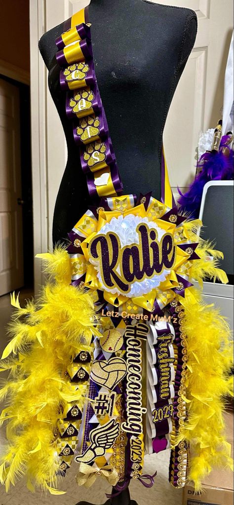 Single mega sash Hoco Mum Sash, Homecoming Mums Sashes, Homecoming Sash Ideas, Mum Sash Homecoming, Purple Homecoming Mum, Homecoming Mum Sash, Sash Homecoming Mums, Homecoming Sash Mums, Sash Mum Homecoming