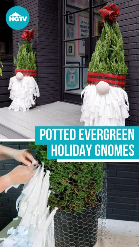 Gnome Bushes Christmas Outdoor, Evergreen Christmas Gnomes, Gnome Trees Christmas Outdoor, Tree Gnomes Christmas Outside, Xmas Gnomes Diy Outdoor, Front Door Gnomes, Arborvitae Gnomes, Diy Christmas Gnomes Outdoor, Outside Christmas Tree Ideas Front Porches