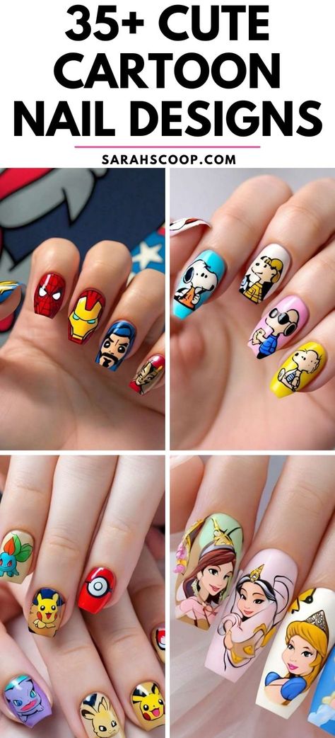 Show off your love for cartoons with 35+ cute cartoon nail designs! 🎨💅 These playful styles are perfect for adding a touch of nostalgia to your nails. #CartoonNails #NailArt #CuteNails Animated Nails, Cartoon Nail Art Designs, Pixar Nails, Adventure Time Nails, Princess Nail Designs, Pikachu Nails, Superhero Nails, Disney Princess Nails, Cartoon Nail Designs