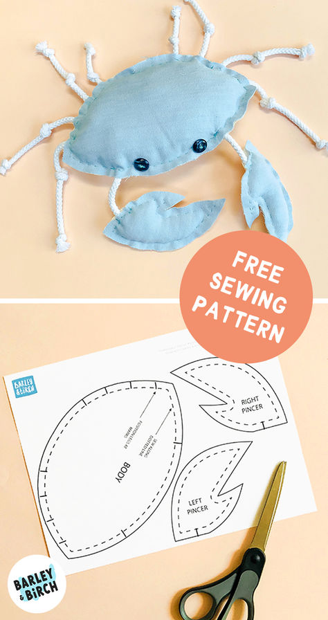 Our DIY crab plush and the free sewing pattern for it sitting against a peach background Simple Animal Sewing Patterns, Simple Diy Stuffed Animals, Beginner Sewing Stuffed Animals, Easy Sew Stuffed Animals, Fish Sewing Pattern Free, Easy Stuffed Animals To Sew Free Pattern, Simple Stuffed Animal Pattern, Easy Stuffed Animals To Sew, Sewing Sea Creatures