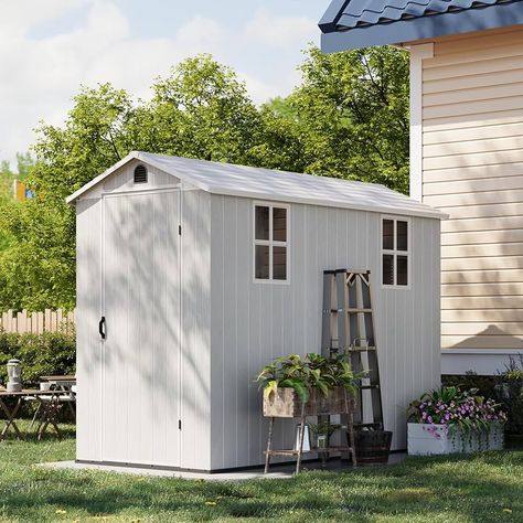 Amazon.com : Patiowell 4' x 8' Plastic Outdoor Storage Shed with Floor, Resin Outside Tool Shed with Windows and Lockable Door for Backyard Garden Patio Lawn, Gray(Fit-it Shed) : Patio, Lawn & Garden Shed With Windows, Plastic Shed, Backyard Garden Patio, Outside Sheds, Resin Sheds, Outdoor Storage Solutions, Outdoor Storage Shed, Tool Shed, Plastic Sheds