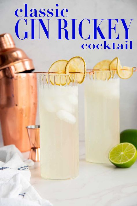 The Gin Rickey Cocktail is a classic drink made with gin, carbonated water, and lime juice. Its crisp, refreshing flavor makes it a perfect drink for any occasion or just to unwind. #ginrickey #gindrinks #21andover #gin #Hendricksgin #gincocktails #cocktails #classiccocktails #adultbeverages via @ediblesense Gin Rickey Cocktail, Gin And Lime Cocktail, Monkey 47 Gin Cocktails, Hendricks Gin Cocktails, Gin Rickey Recipe, Rickey Cocktail, Gin Rickey, Holiday Party Drinks, Gatsby Gala