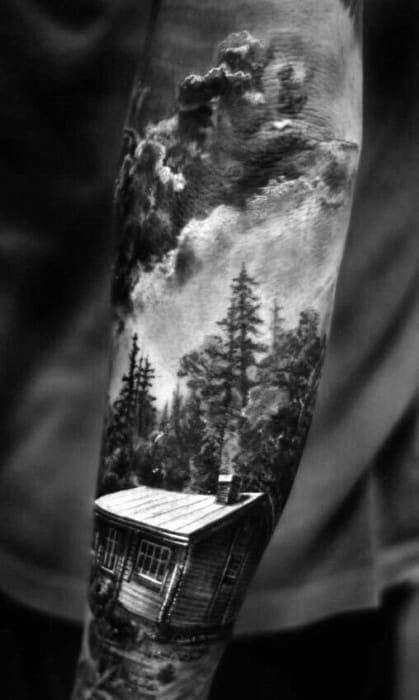 40 Log Cabin Tattoo Designs For Men - Dwelling Ink Ideas Cabin Tattoo, Natur Tattoo Arm, Tato 3d, Nature Tattoo Sleeve, Forest Tattoos, Half Sleeve Tattoos For Guys, Tattoos Geometric, Cool Tattoos For Guys, Full Sleeve Tattoos