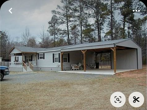 Mobile Home Garage Addition, Mobile Home Outside Remodel, Mobile Home Garage, Double Wide Porch Ideas, Double Wide Porch, Mobile Home Carport Ideas, Mobile Home Porch Ideas, Garage Additions, Carport Addition