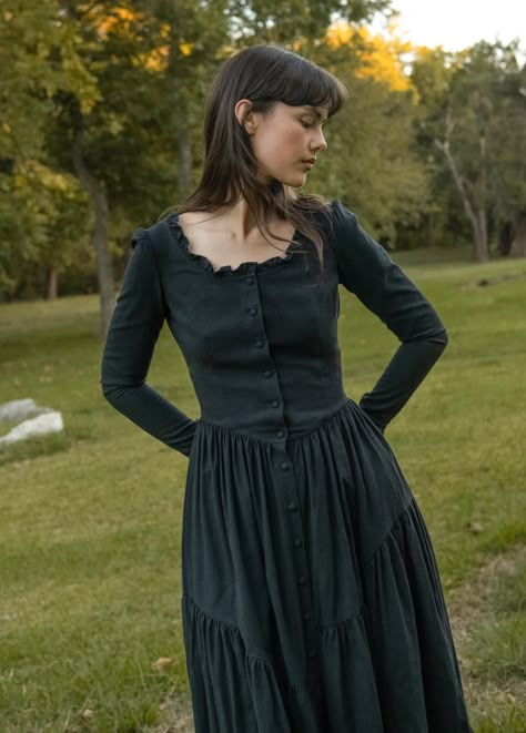 Juliette Dress in Black Silk Noil – Of Her Own Kind Victorian Romance, Silk Noil, Dress Fitted, In Between, Raw Silk, Black Silk, Full Skirt, Asymmetric Hem, Simple Dresses