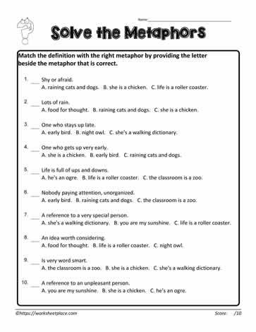 Solve the Metaphors Similes Worksheet, Figurative Speech, Metaphor Activities, Simile Worksheet, Figurative Language Worksheet, 5th Grade Worksheets, Ela Worksheets, Similes And Metaphors, Common Core Ela