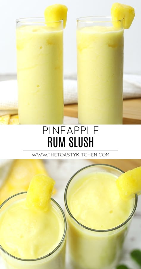 Pineapple Rum Slush by The Toasty Kitchen #pineapplerumslush #pineapple #fruit #drink #alcoholic #alcohol #adult #summerdrink #summer #rum #recipe #slush Pineapple Rum Slush, Yummy Alcoholic Drinks, Pineapple Rum, Dessert Aux Fruits, Pineapple Fruit, Boozy Drinks, Mixed Drinks Recipes, Cocktail Recipes Easy, Cocktail Drinks Recipes