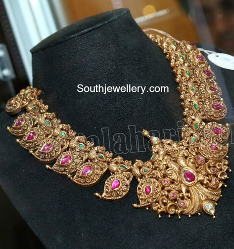 Antique Mango Peacock Nakshi Necklace Mango Mala Jewellery, Nakshi Necklace, Latest Indian Jewellery, 22 Carat Gold Jewellery, Temple Jewelry Necklace, Gold Temple Jewellery, Mala Jewelry, Antique Necklaces Design, Antique Gold Jewelry Indian