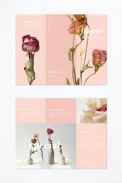 Flower workshop brochure template vector | premium image by rawpixel.com / Aew Brocher Design Layout, Minimalist Brochure Design Inspiration, Leaflet Design Inspiration, Creative Leaflet Design, Flyer Design Inspiration Layout, Flower Shop Flyer, Modern Flower Shop, Shop Flyer Design, Brochure Layout Design