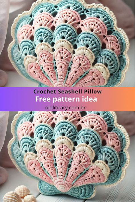 Crochet a stunning seashell pillow with scallop patterns and pastel hues. Perfect for coastal décor and showcasing your crochet skills! Crochet Shell Pillow, Crochet Sea Shells Pattern Free, Crochet Sea Shell, Seashell Crochet, Crochet Seashell, Coastal Crochet, Shell Pillow, Seashell Pillow, Crochet Pillow Patterns Free