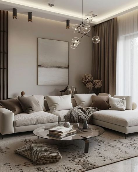 Warm Contemporary Living Room, Taupe Living Room, Cozy Neutral Living Room, La Living, Cozy Houses, Brown Curtains, Beige Living Rooms, Home Coffee Bar, Apartment Bedroom Decor