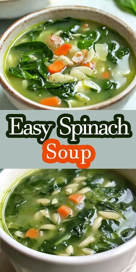 Ingredients: 2 ½ tablespoons butter ½ cup chopped carrots ½ cup chopped scallions 1 clove garlic, minced 6 cups chicken broth ½ cup orzo 1 (10 ounce) bag fresh spinach, chopped Salt and ground black pepper to taste #Spinach #Soup #Quickandeasyrecipe Easy Spinach Soup, 30 Minute Soup Recipes, Spinach Soup Healthy, Spinach Side Dish, Spinach Soup Recipe, Garlic Soup, Vegetarian Sides, Vegetarian Side Dishes, Spinach Soup