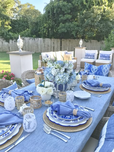 Table For 2 Setting, Chinasorie Decor, Blue White Table Decor, Hamptons Table Setting, Blue Dinner Table Decor, Baby Blue Table Setting, Coastal Grandmother Party, Table Settings Casual, French Kitchen Table