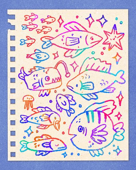 Some fish doodles hehe! Fish are so fun to draw!! Was inspired by @jelarts recent fish drawings!!!🔥 And an old one of mine hehe!! And last time I posted a doodle page like this a few of you commented that the rainbow version in the timelapse (that I didn't use in the end) was so good, so I kept it rainbow this time hehe!! It's really easy to do a rainbow effect like this on a lineart layer - either you make a new layer above the lineart, tap it and select clipping mask, and then anything ... Easy Drawing Fish, Cute Fish Doodle, Fish Drawing Ideas, Fish Doodles, Fish Doodle, Easy Fish Drawing, Lineart Illustration, Doodle Page, Notebook Doodles