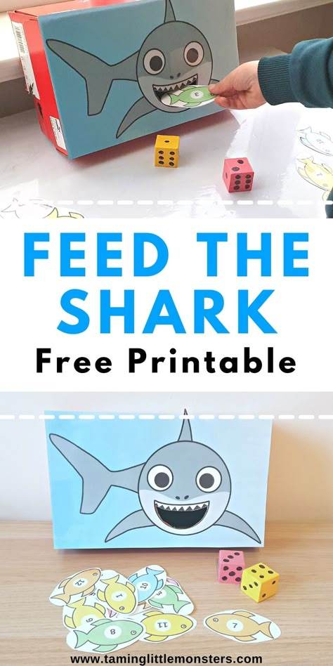 Feed the Shark Math Game for Preschool. Help your kids learn to count, add and recognize numbers with this free printable math game. Perfect for preschool and kindergarten classrooms. #math #summer #preschool #kindergarten #freeprintable #STEM Under The Sea Theme Preschool Activities, Under Water Activities Preschool, Ocean Themed Preschool Crafts, Sea Creature Theme Preschool, Ocean Animal Theme Preschool, Aquatic Animals Preschool Activities, Ocean Week Preschool Activities, Underwater Activities Preschool, Water Animals Preschool Activities