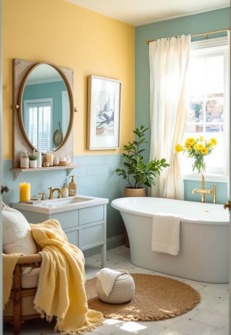 Blue and Yellow Boho Decor Yellow Tile Bathroom Ideas Color Combos, Yellow Bathroom Aesthetic, Pastel Yellow Bathroom, Blue And Yellow Bathroom Ideas, Yellow And Pink Bathroom, Yellow Blue Bathroom, Light Yellow Bathroom, Yellow Tile Bathroom Ideas, Bathroom Ideas Yellow