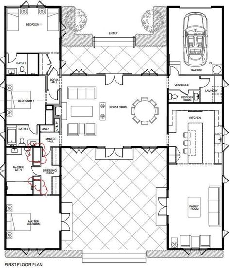 For Sale: An H-Shaped House Designed by Wendy Posard | Hooked on Houses | Bloglovin’ H Shaped House, U Shaped House Plans, U Shaped Houses, Container Home Designs, Plan 2d, Shipping Container Home Designs, Shipping Container House Plans, Courtyard House Plans, House Plans One Story