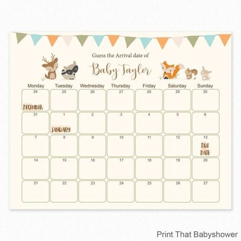 Baby Birthday Activities, Guess The Due Date, Due Date Calendar, Shower Games Baby, Gender Party, Woodland Critters, Birthday Activities, Date Calendar, Due Date