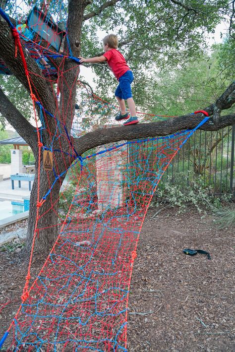 Rope Net Playground, Net Tree House, Rope Tree House, Tree Net Hangout, Epic Playground, Tree Weave, Outdoor Weaving, Rope Playground, Tree Weaving