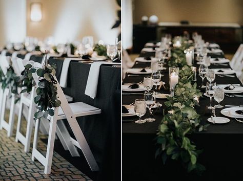 This simple black + white table decor is adorned with a greenery to add a natural feel | Image by Nick + Danée Black Table Cover Wedding, Wedding Centerpieces With Black Tablecloths, Black Linen Wedding Table Centerpieces, Wedding Reception With Black Tablecloths, Black Linens For Wedding, Simple Black Wedding Table Decor, White Tablecloth Black Runner, Black Green White Wedding Table Settings, Black Head Table Wedding