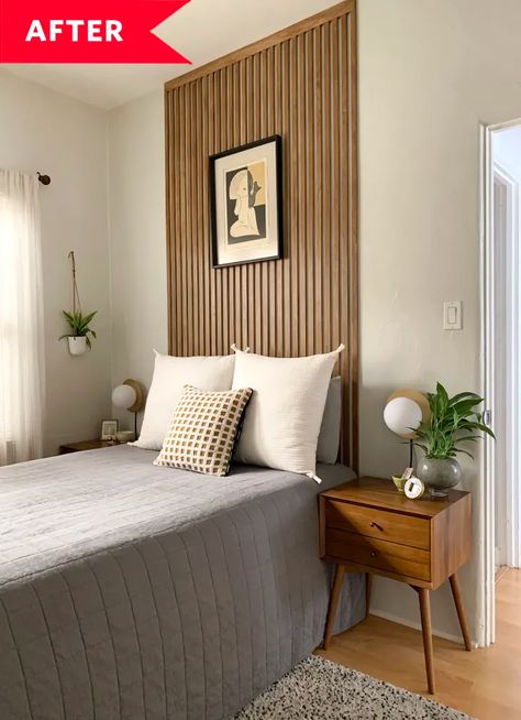 Organic Modern Bedroom Headboard, Slat Wall Headboard, Bedroom Headboard Wall Ideas, Accent Wall Headboard, Headboard Wall Design, Slat Wall Bedroom, Master Bedrooms With Accent Wall, Wall Bed Headboard, Wood Wall Bedroom