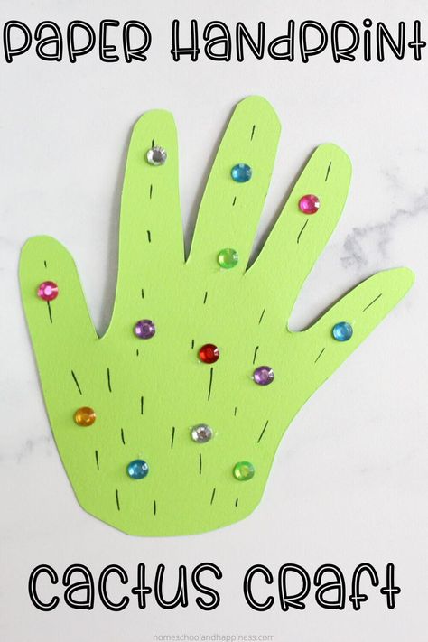 Green Paper Handprint Cactus Craft Cactus Paper Craft, Popsicle Stick Crafts For Kids, Paper Cactus, Camping Activities For Kids, Cactus Craft, Bookmark Craft, School Glue, Handprint Craft, Flower Bookmark