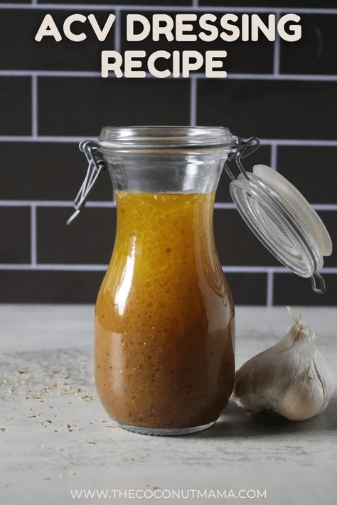 This homemade apple cider vinegar dressing is a delicious dressing to use on all types of salads! This dressing is made with ACV, a star ingredient with many potential health benefits including appetite regulation, blood sugar balancing and weight loss. Acv Salad Dressing, Apple Cider Vinegar Dressing Recipe, Vinegar Dressing Recipe, Aip Sauces, Apple Cider Vinegar Dressing, Cider Vinegar Dressing, Homemade Apple Cider Vinegar, Types Of Salads, Make Apple Cider Vinegar