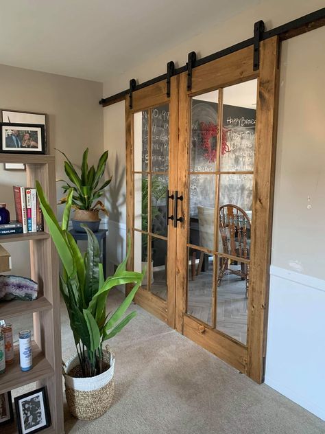 LittlePhillyWoodShop - Etsy Barn Doors With Glass Panels, Glass Sliding Doors, Stained Doors, Barn Door Designs, Glass Barn Doors, Glass Panel Door, Casa Vintage, Barn Doors Sliding, Oct 31