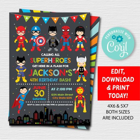 Excited to share the latest addition to my #etsy shop: Superhero Birthday Invitation, Superheroes Party, Superheroes Birthday, Self editable Superhero, Corjl, chalkboard, INSTANT DOWNLOAD https://etsy.me/3GAFvT6 #birthday #superheroesparty #wonderwoman #avengersinvitat Avengers Birthday Invitations, Three Year Old Superhero Party, Avenger Theme Birthday Invitation, Superhero Birthday Party Invite, Super Hero Invites, Avengers Invitation Template, Avengers Party Invitation, Marvel Birthday Invite Template, Superhero Birthday Invitations Free