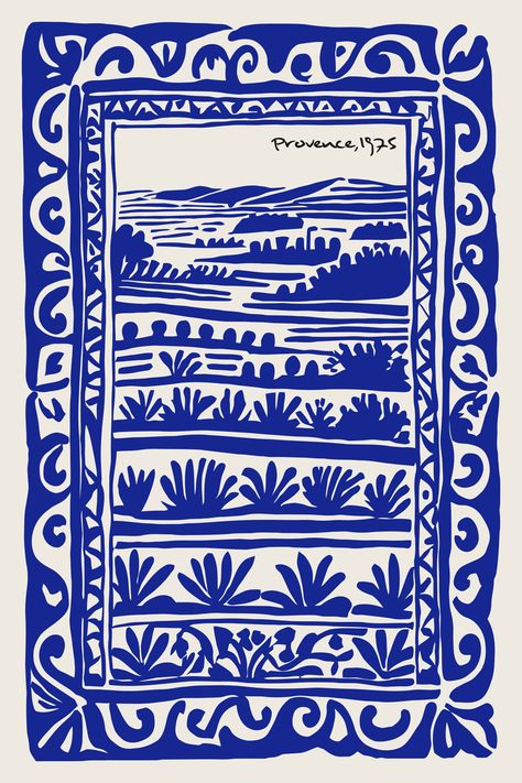 Provence Landscape Poster, Rustic French Countryside Wall Art , Indigo Blue and White Decorative Print, Retro Home Decoration, Scenic Print Cookbook Cover Design, Clinic Interior Design, Blue Poster, Linocut Art, Textile Pattern Design, Landscape Poster, French Countryside, Folk Art Painting, Retro Home