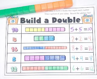 Practice doubles with cubes How To Teach Doubles Facts, Addition Doubles Worksheet, Doubles First Grade Math, Doubles Math Games, Doubles Plus 1 Activities, Doubles And Near Doubles Activities, Adding Doubles First Grade, Doubles Facts First Grade, Doubles Math Activities