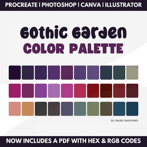 Enter the mysterious world of the "Gothic Garden Color Palette," a cool digital color palette made just for you! It's perfect for digital artists, creatives, and graphic designers who love gothic art and design. Make your digital art pop with dark, magical colors inspired by spooky gardens. 🖤🌹 ✨ What's Included: PDF with hex codes and RGB list for universal use Procreate swatches file for iPad users .ASE file for Photoshop and Illustrator enthusiasts 🥀 Perfect for: Gothic-themed designs Dark Goth Color Palette, Gothic Color Palette, Garden Color Palette, Color Palette With Hex Codes, Procreate Ipad Art, Color Palette Challenge, Hex Codes, Color Palette Design, Digital Drawings