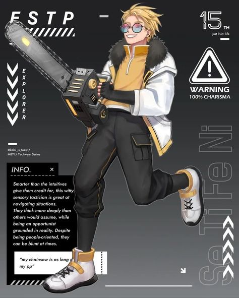 The Explorers in techwear  -  Credit: @kobi_is_toast Esfp Male, Mbti Explorers, Estp Mbti, Explorers Mbti, Istp Estp, Myer Briggs, Mbti Fanart, Mbti Infj, Mbti Character