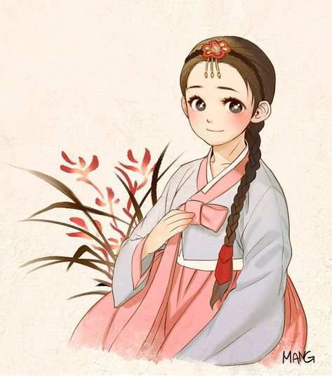 Korean Girl Art, Korean Girl Drawing, Korean Art Style Drawing, Korean Cartoon, Korean Drawing, Hanbok Drawing, Korean Illustration, Korean Anime, Korean Painting