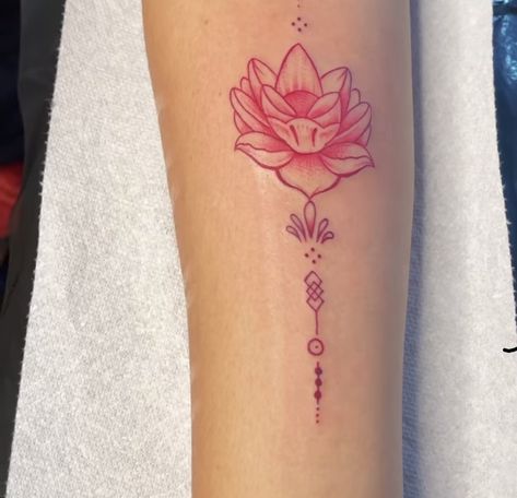 Lotus Flower Tattoo Red Ink, Flower Tattoo Black Women, Lotus Flower Tattoo Red, Back Of Wrist Tattoo, Red Ink Flower Tattoo, Small Red Ink Tattoo Ideas, Red Flower Tattoo, Red Lotus Tattoo, Red Flower Tattoos