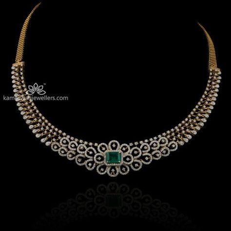 Simple Diamond Necklace Indian, Simple Diamond Necklace, Simple Necklace Designs, Diamond Necklace Indian, Handmade Gold Necklace, Kameswari Jewellers, Diamond Collar, Diamond Necklace Simple, Diamond Jewelry Set