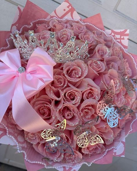 Office Birthday Party, Ribbon Rose Bouquets, Roses Bouquet Gift, Quinceanera Pink, Pink Sweet 16, Pink Quince, Luxury Flower Bouquets, Quinceanera Dresses Pink, Roses Art