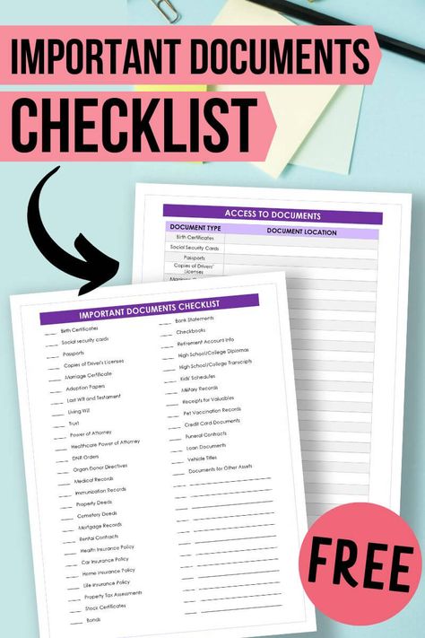 Filing Categories, Emergency Binder Free Printables, Organization Categories, Important Documents Binder, Home File Organization, Document Checklist, Organizing Important Papers, Family Emergency Binder, Paper Clutter Organization