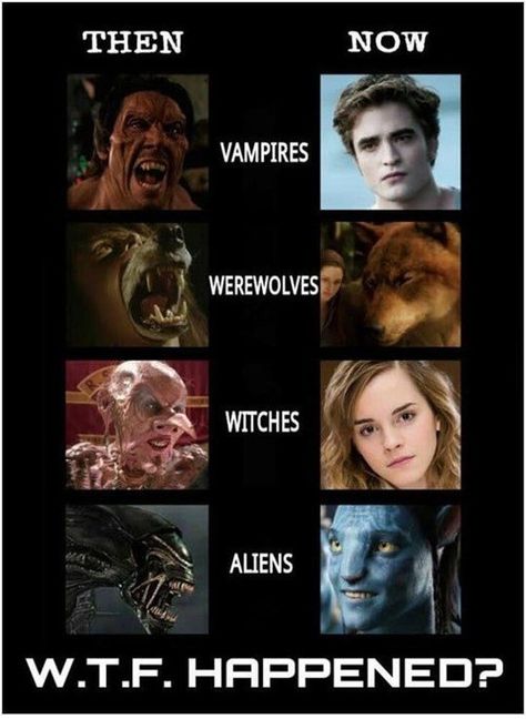 Dear Hollywood: What Happened?! Humour Geek, Dresden Files, Zombie Vampire, Then Vs Now, 80s Horror, Vampires And Werewolves, Funny Horror, Movie Memes, Coat Hangers