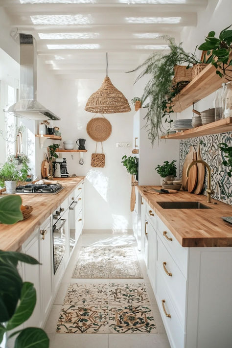 Cozy Boho-inspired remodeled kitchen with earthy decor, plants, and warm, artistic elements. Small Earthy Kitchen Ideas, Boho Cottage Kitchen Ideas, Small Bohemian Kitchen, Hygge Aesthetic Kitchen, Bohemian Kitchen Design Ideas, Organic Boho Kitchen, Kitchen Boho Chic, Modern Boho Chic Kitchen, Light Boho Kitchen