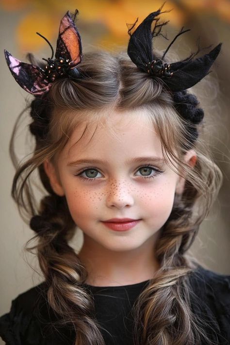 Halloween hairstyles, spooky hairstyles, kids hairstyles Hair In Two Braids, Halloween Hairstyles For Kids, Black Hair Bun, Purple Streaks, Halloween Hairstyles, Pink Streaks, Butterfly Hair Clips, Boo Tiful, Choppy Bangs